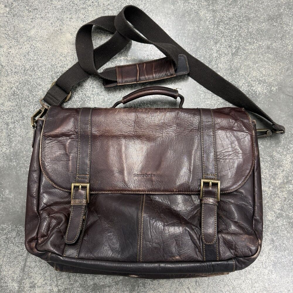 Samsonite Colombian Leather Flap-Over Messenger Bag Laptop Brown Minimalist